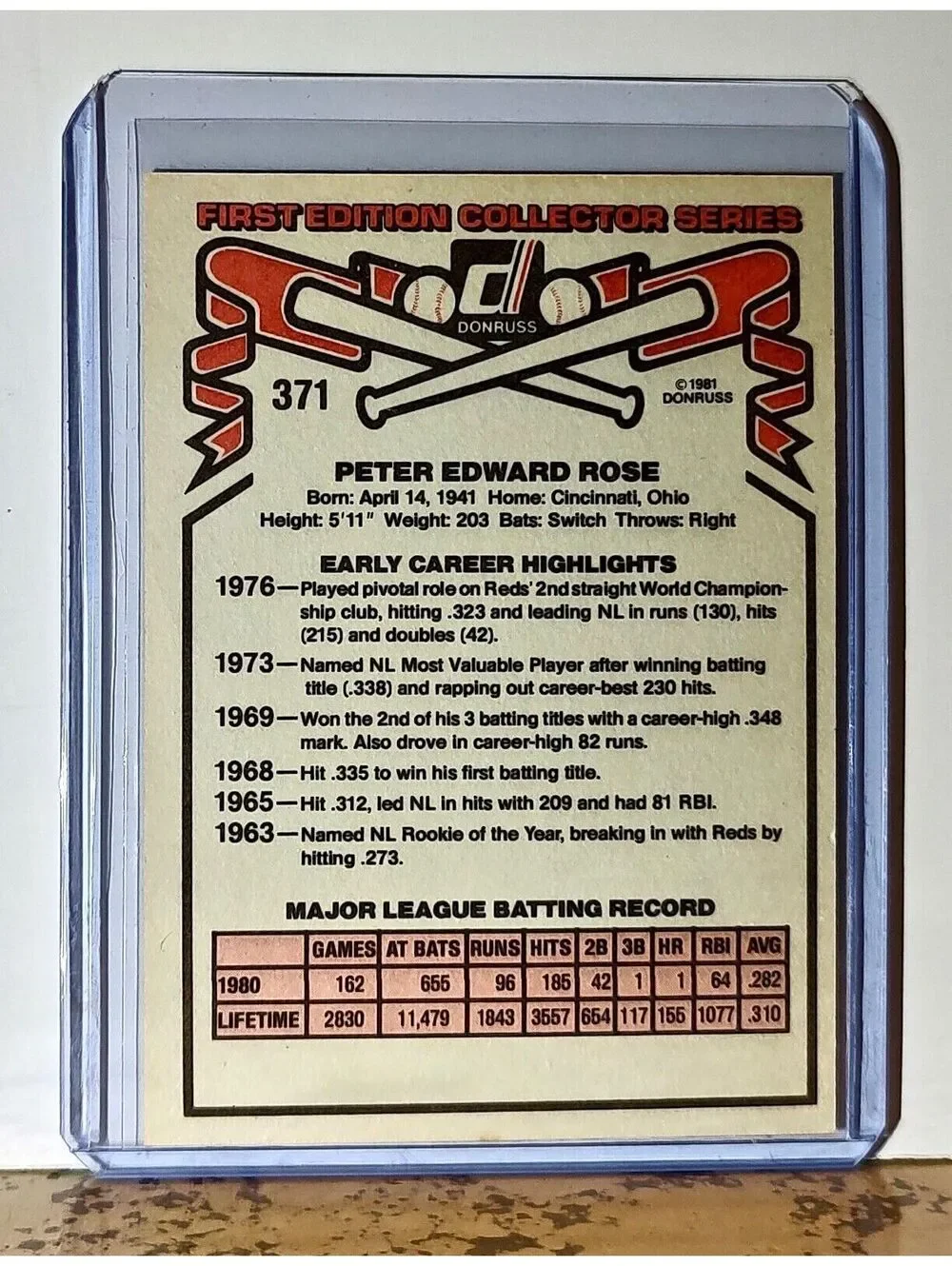 Pete Rose 1981 Donruss First Edition Collector Series MLB #371 Card Phillies